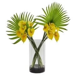 Nearly Natural 27-in Calla Lily And Fan Palm Artificial Arrangement In Cylinder Glass Vase -Home Decor Shop GUEST 05504097 6fc5 408d 8fd9 fb1f5074068b