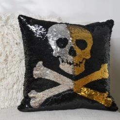 18"x18" Skull And Crossbones Halloween Square Throw Pillow Gold/Silver/Black - Lush Décor -Home Decor Shop GUEST 36d8385b 721f 4249 a7dd 0f4094092b27