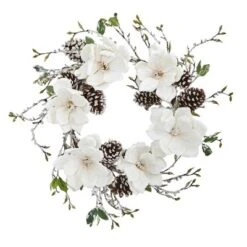 Nearly Natural 24” Snowed Magnolia / Pine Cone Wreath