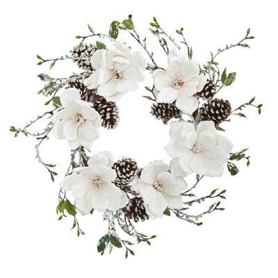 Nearly Natural 24” Snowed Magnolia / Pine Cone Wreath 3 Nearly Natural 24” Snowed Magnolia / Pine Cone Wreath
