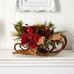 Nearly Natural 18-in Christmas Sleigh With Poinsettia, Berries And Pinecone Artificial Arrangement With Ornaments -Home Decor Shop GUEST 5dd196c5 2c79 4ff2 a773 c5363eb9cd38