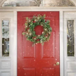 National Tree Company First Traditions Pre-Lit Christmas Evergeen Wreath With Pinecones And Berries, Warm White LED Lights, Battery Operated, 24 In