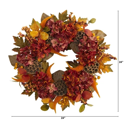 Nearly Natural 24” Fall Hydrangea, Lotus And Berries Artificial Wreath 3 Nearly Natural 24” Fall Hydrangea, Lotus And Berries Artificial Wreath