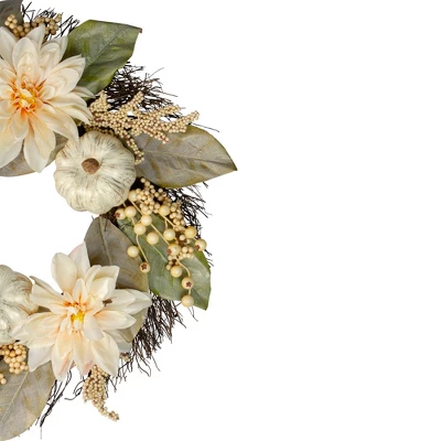 Northlight Dahlia And Pumpkin Fall Artificial Floral Wreath, 22-Inch 4 Northlight Dahlia And Pumpkin Fall Artificial Floral Wreath, 22-Inch - Image 2