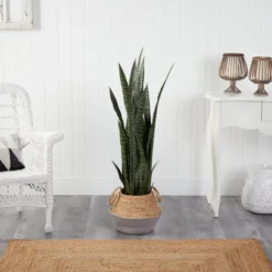 Nearly Natural 46-in Sansevieria Artificial Plant In Boho Chic Handmade Cotton & Jute Gray Woven Planter -Home Decor Shop GUEST edd44641 85fe 4e38 b80c 2784c12afc05